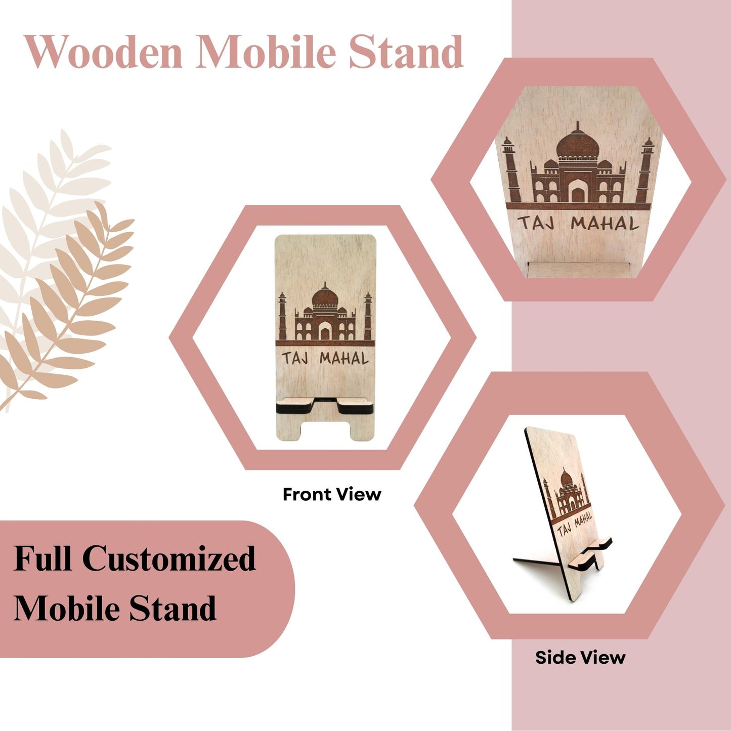 Elegant Taj Mahel  Design Wooden Mobile Stand – Laser Engraved Floral Pattern