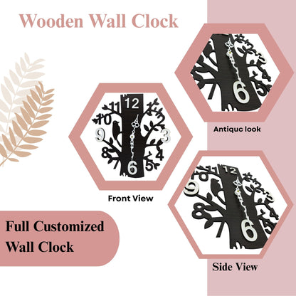 Wooden Tree Design Wall Clock with Bird Cutout
