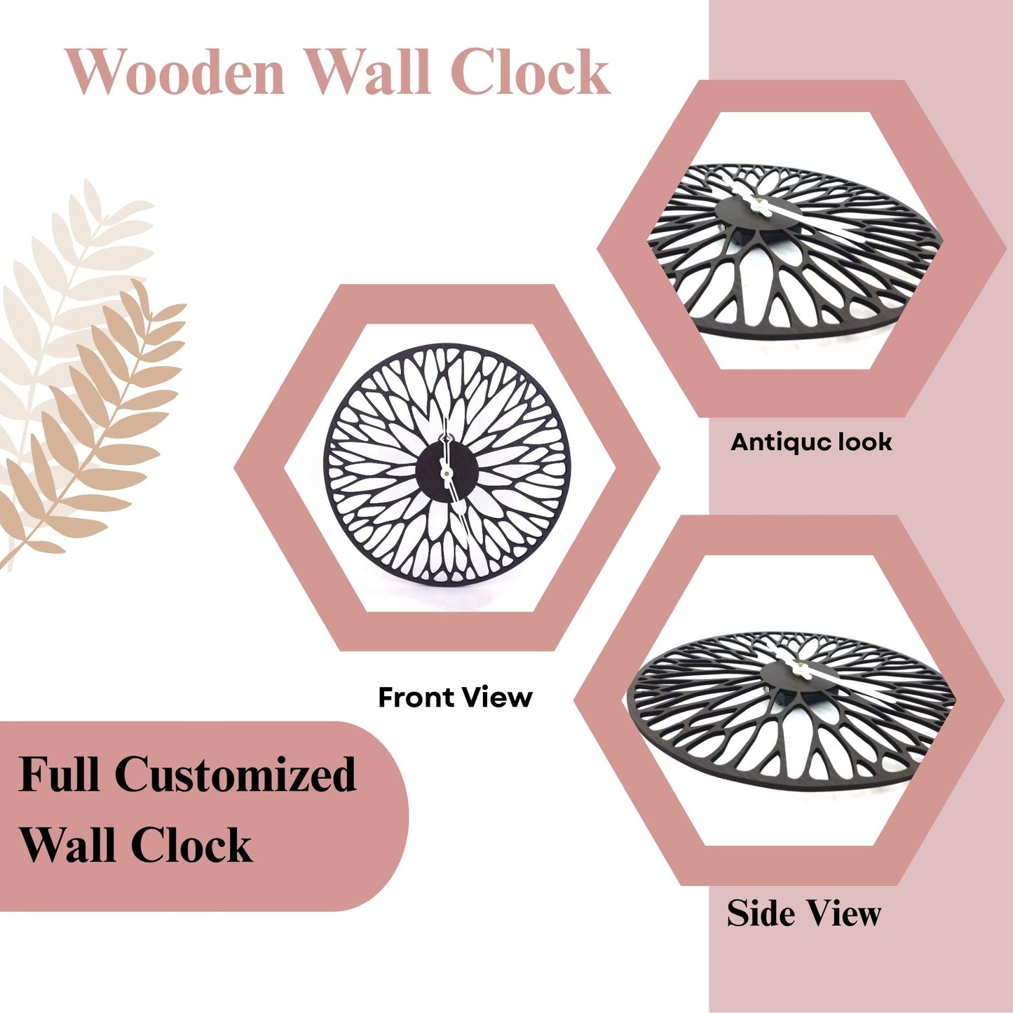 Designer Acrylic Wall Clock - Leaf Pattern Cutwork | Black & White