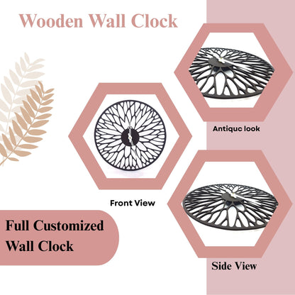 Designer Acrylic Wall Clock - Leaf Pattern Cutwork | Black & White