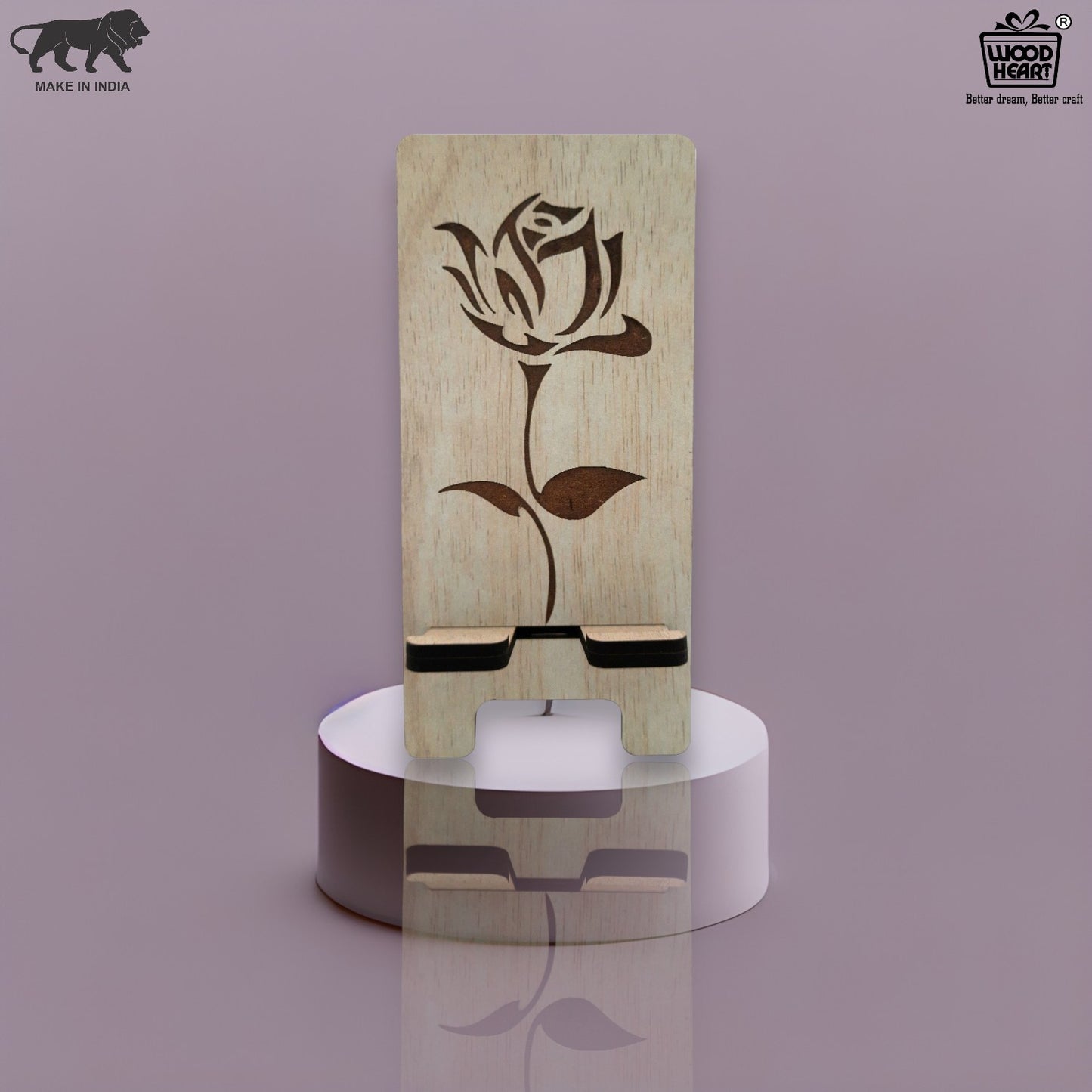Elegant Rose Design Wooden Mobile Stand – Laser Engraved Floral Pattern