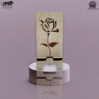 Elegant Rose Design Wooden Mobile Stand – Laser Engraved Floral Pattern