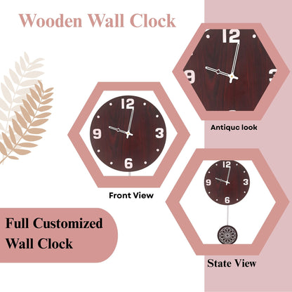Elegant Wooden Wall Clock with Designer Pendulum – Dark Finish