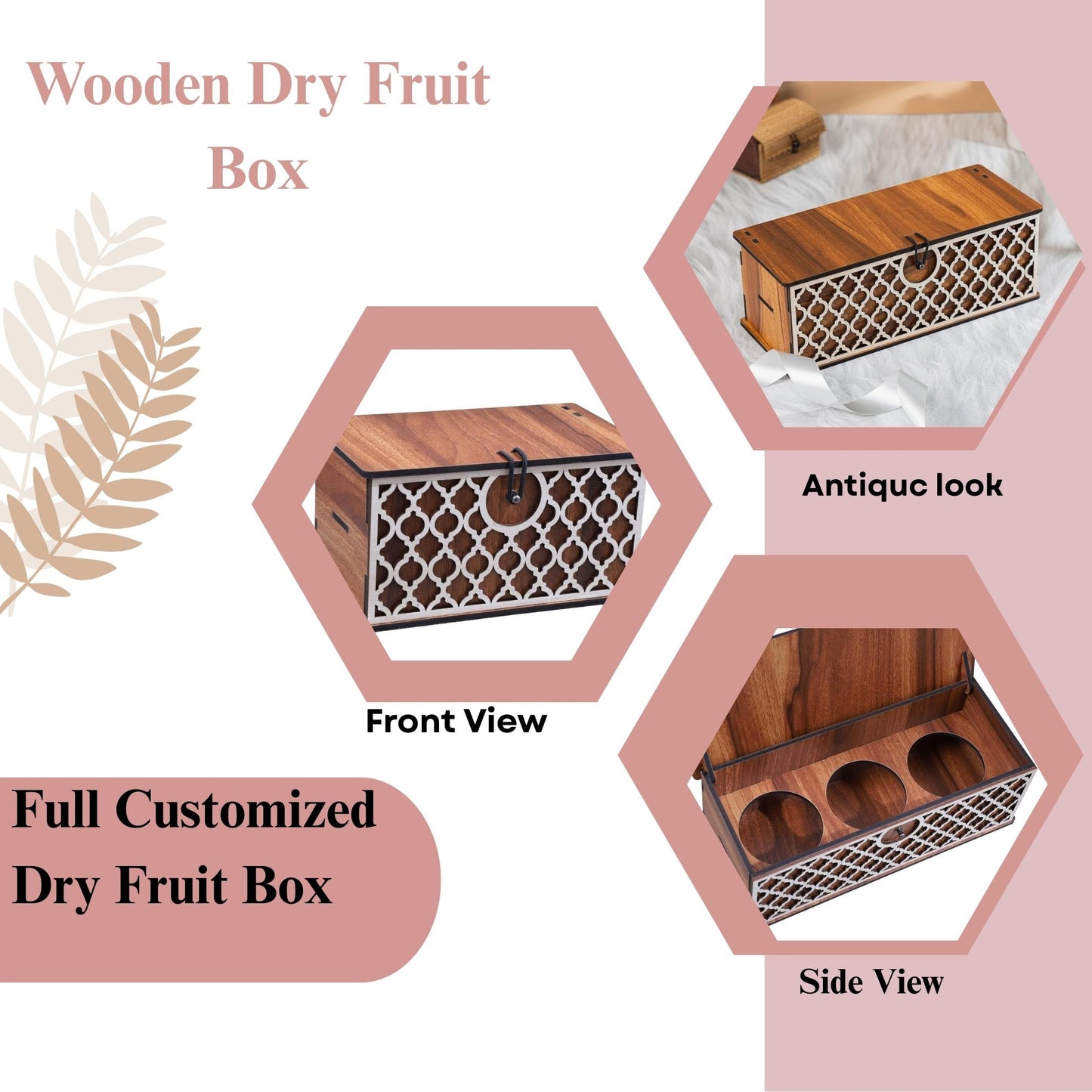 Wooden Decorative Storage Box – Long Rectangular Jar/Utility Organizer with Laser-Cut Front