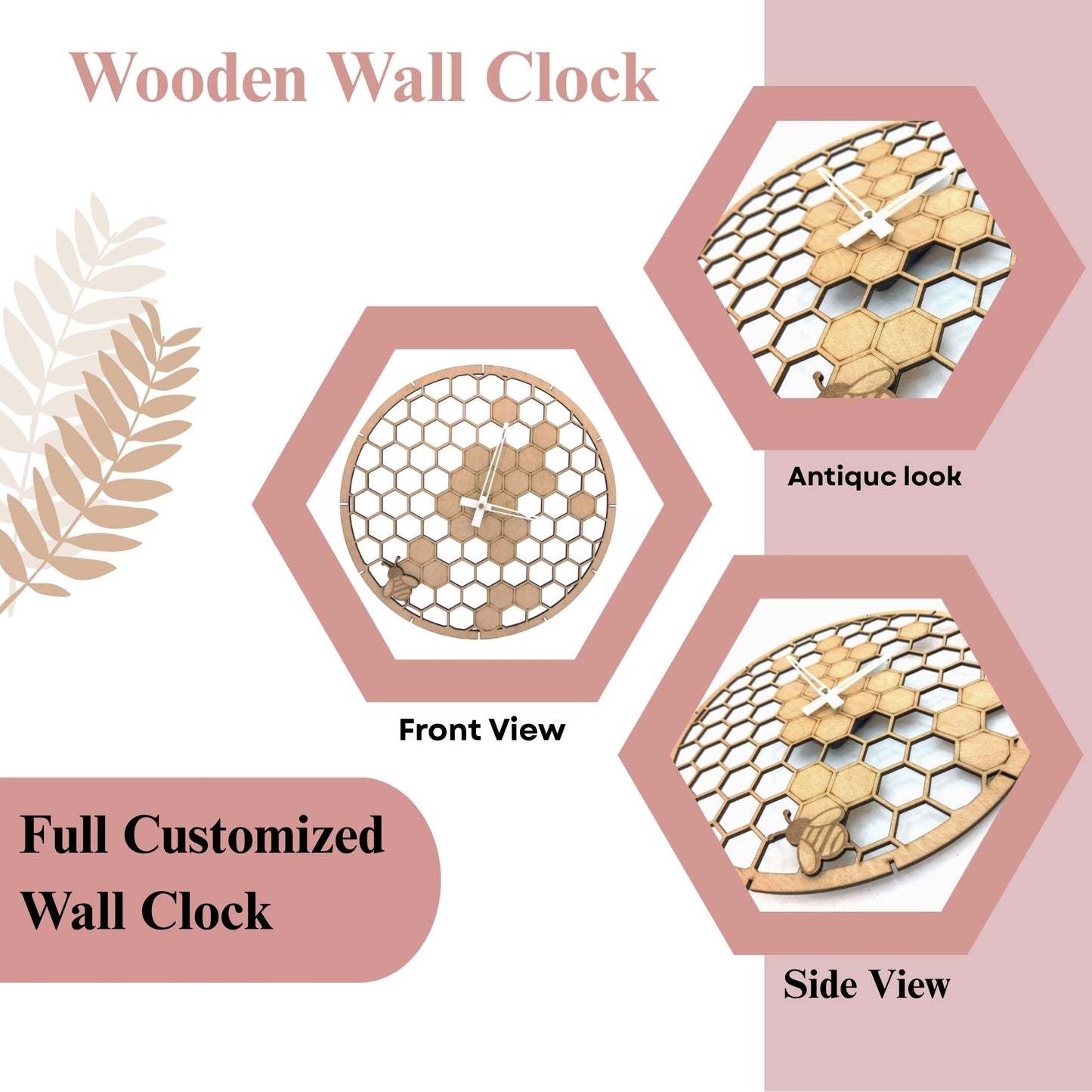 Wooden Honey comb Wall Clock with Bee Design – Nature Inspired Art by Wood Heart