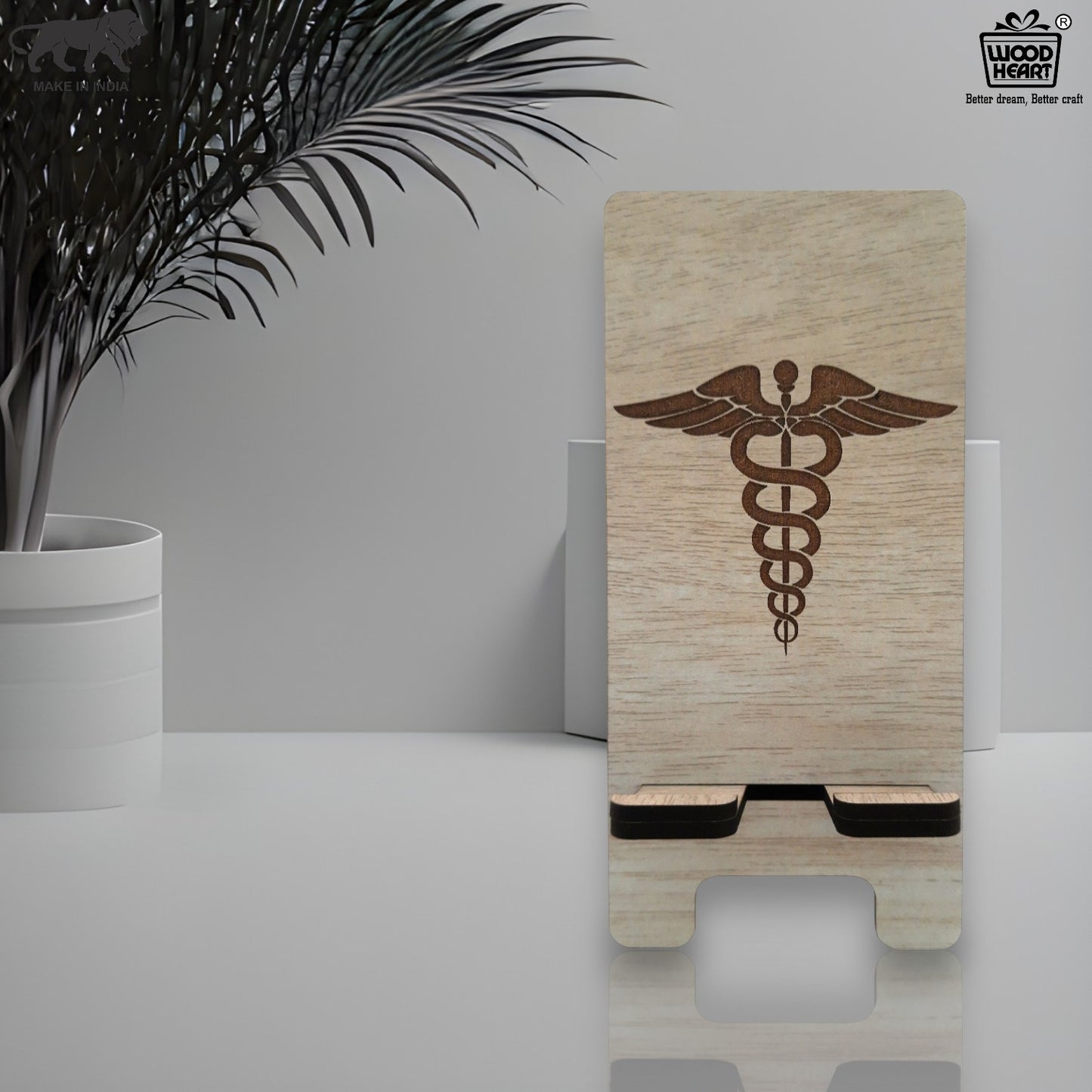 Wooden Mobile Stand with Medical Symbol Engraving | Doctor's Desk Phone Holder