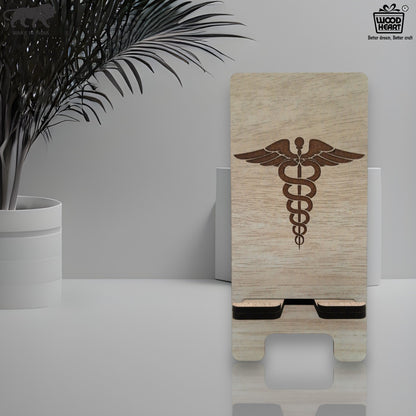 Wooden Mobile Stand with Medical Symbol Engraving | Doctor's Desk Phone Holder
