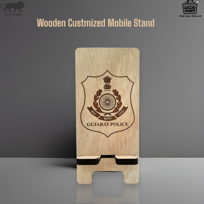 Wooden Mobile Stand with Gujarat Police Emblem – Laser Engraved Desk Holder