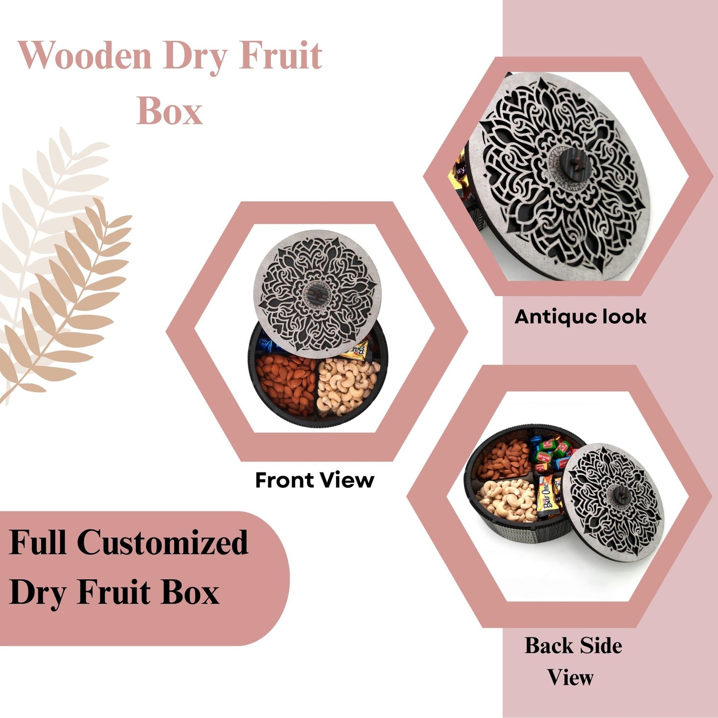 Round MDF Wooden Dry Fruit Box with Floral Laser-Cut Lid