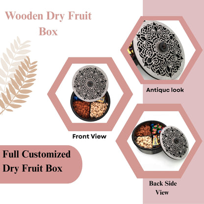 Round MDF Wooden Dry Fruit Box with Floral Laser-Cut Lid