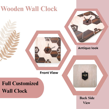 Square Dual-Tone Hexa Design Wooden Wall Clock – Light & Dark Wood Finish by Wood Heart