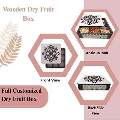 Premium Wooden Dry Fruit Box with Mandala Carved Lid – 9 Partitions