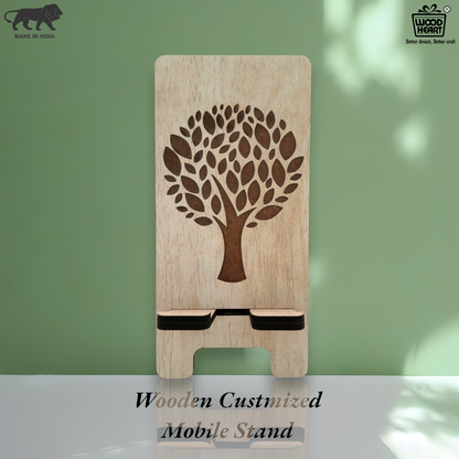 Eco-Themed Customized Wooden Mobile Stand – Tree Design Laser Engraved