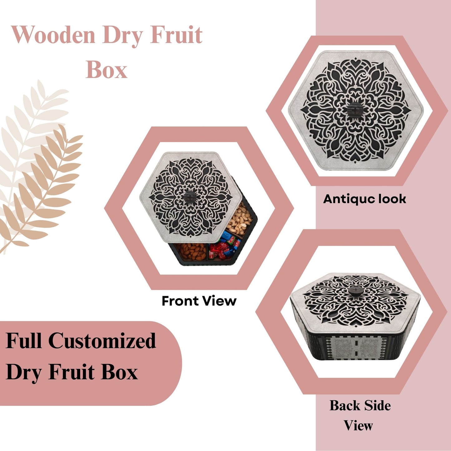 Hexagon Wooden Dry Fruit Box with Designer Laser-Cut Lid