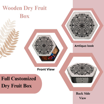 Hexagon Wooden Dry Fruit Box with Designer Laser-Cut Lid