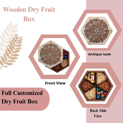 Hexagon Wooden Dry Fruit Gift Box with Elegant Mandala Laser-Cut Lid