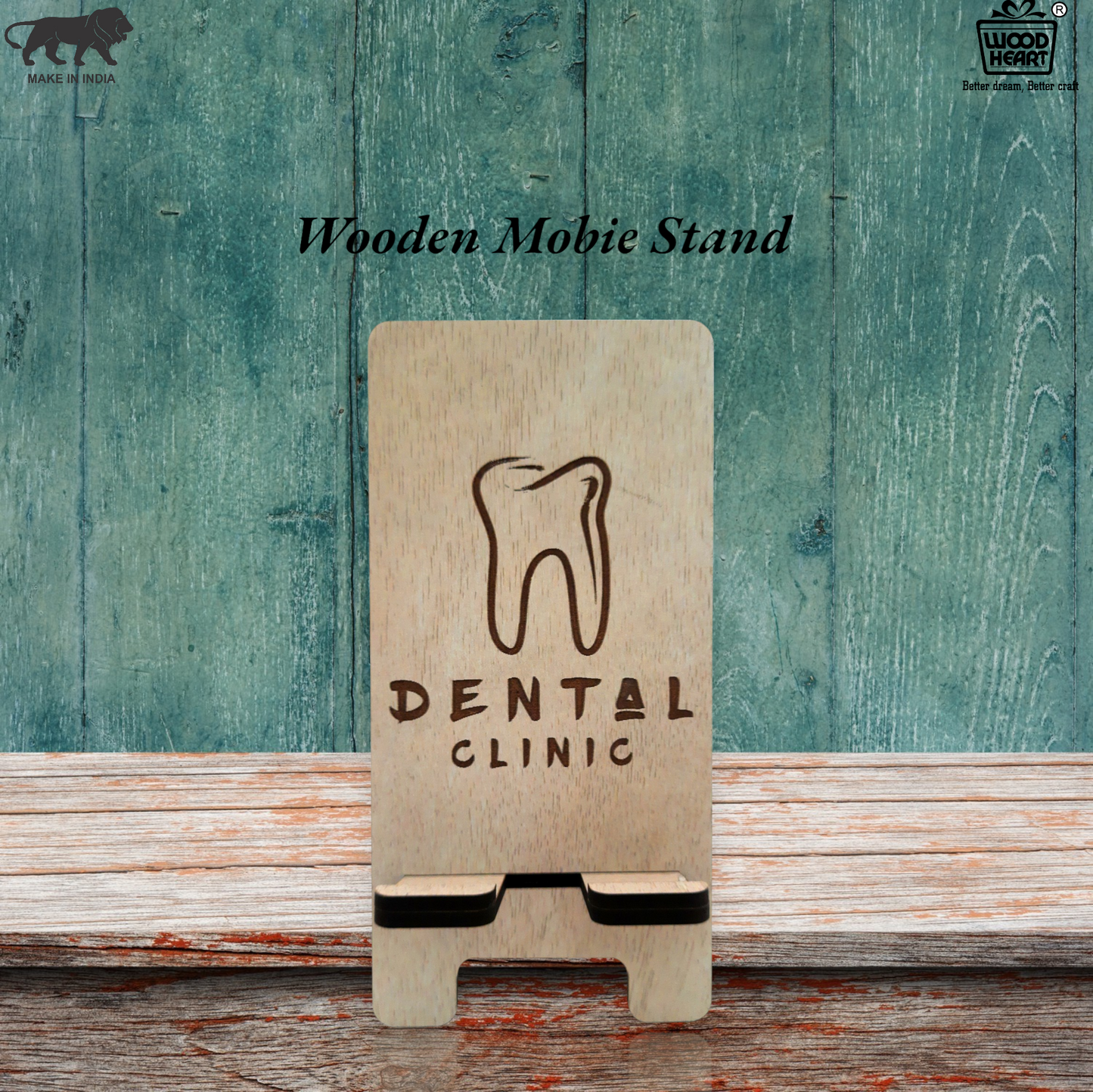 Wooden Mobile Stand with Dental Clinic Engraving – Tooth Design Holder