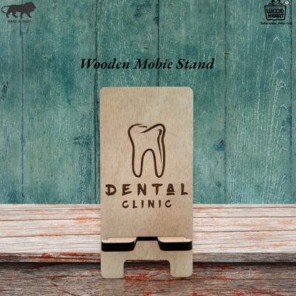 Wooden Mobile Stand with Dental Clinic Engraving – Tooth Design Holder