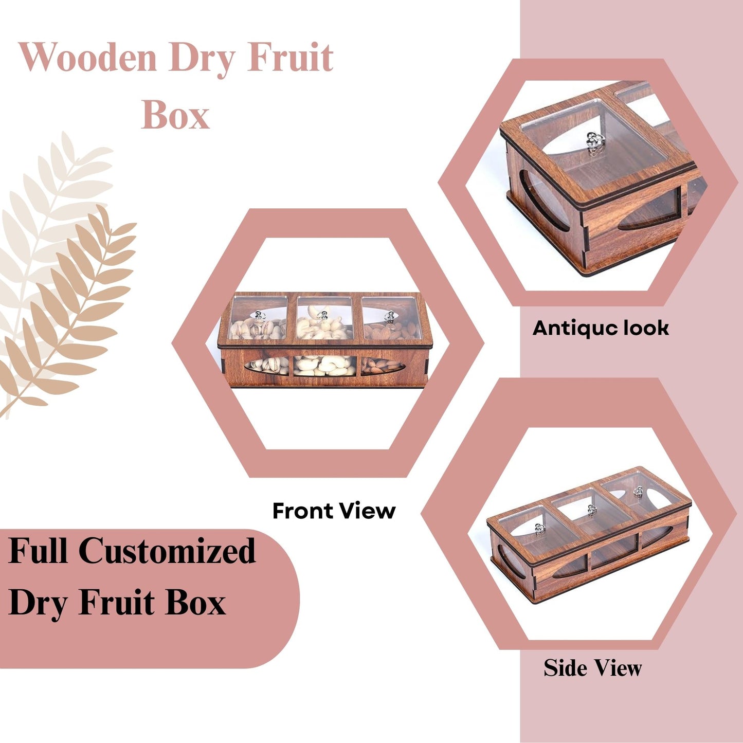 Wooden Dry Fruit Box with 3 Acrylic Compartments – Elegant MDF Storage Organizer