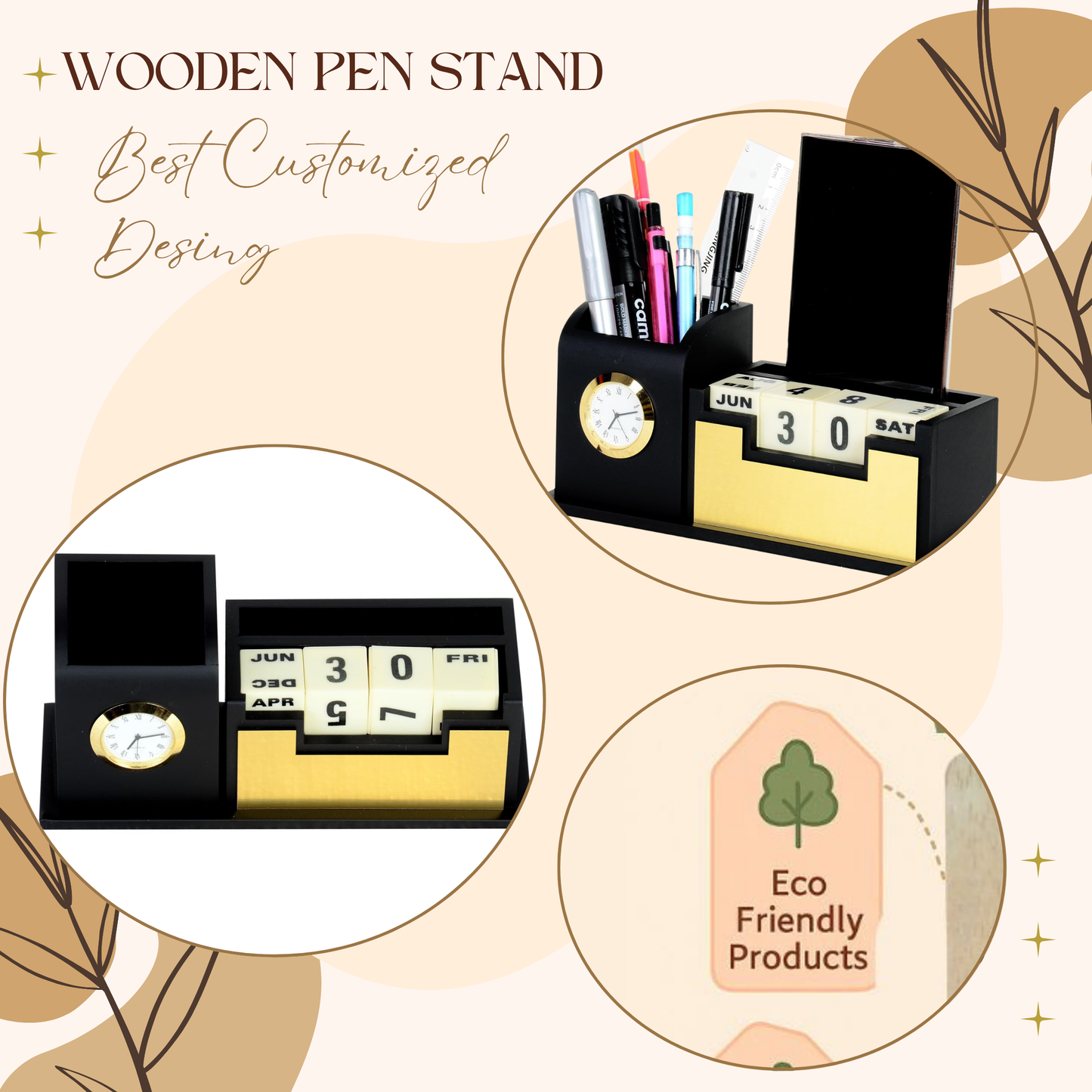 Wooden Desk Organizer with Clock and Perpetual Calendar | Pen Holder with Date Display