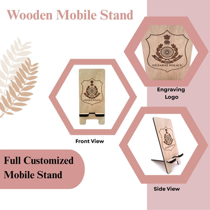 Wooden Mobile Stand with Gujarat Police Emblem – Laser Engraved Desk Holder