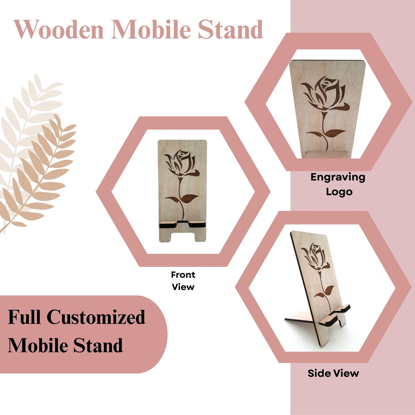 Elegant Rose Design Wooden Mobile Stand – Laser Engraved Floral Pattern