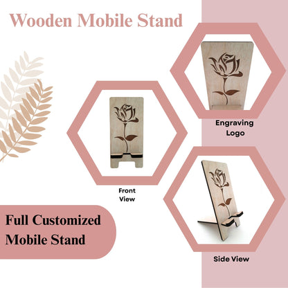 Elegant Rose Design Wooden Mobile Stand – Laser Engraved Floral Pattern