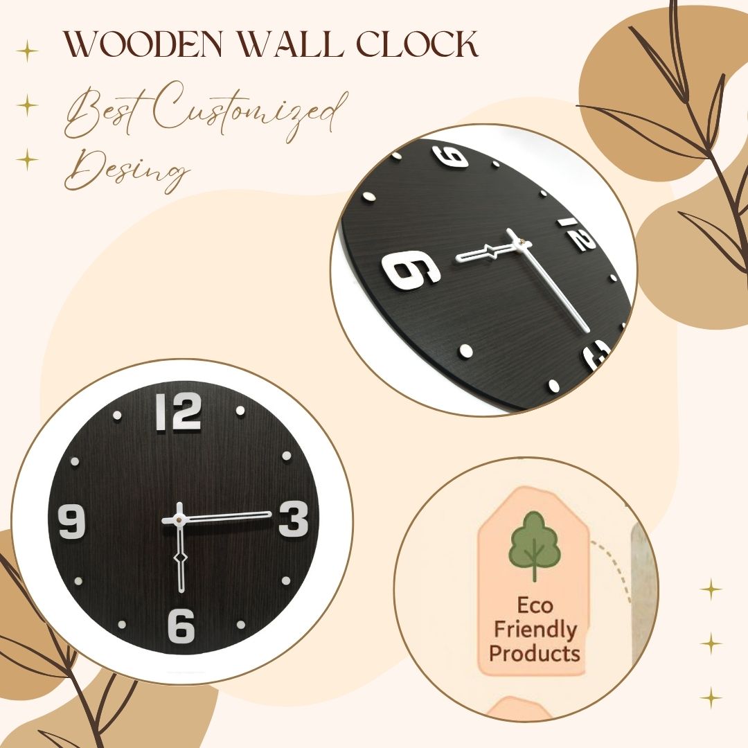 Classic Round Wooden Wall Clock with 3D White Numerals