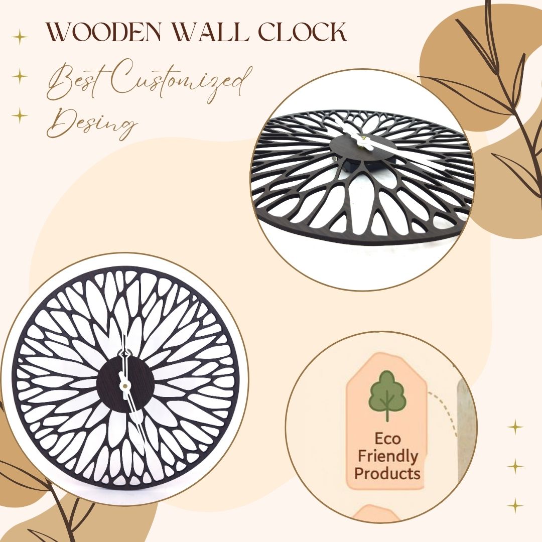 Designer Acrylic Wall Clock - Leaf Pattern Cutwork | Black & White