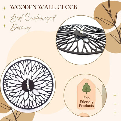 Designer Acrylic Wall Clock - Leaf Pattern Cutwork | Black & White