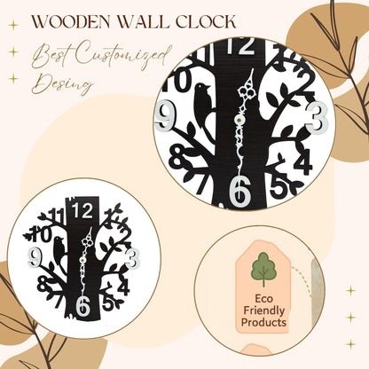 Wooden Tree Design Wall Clock with Bird Cutout