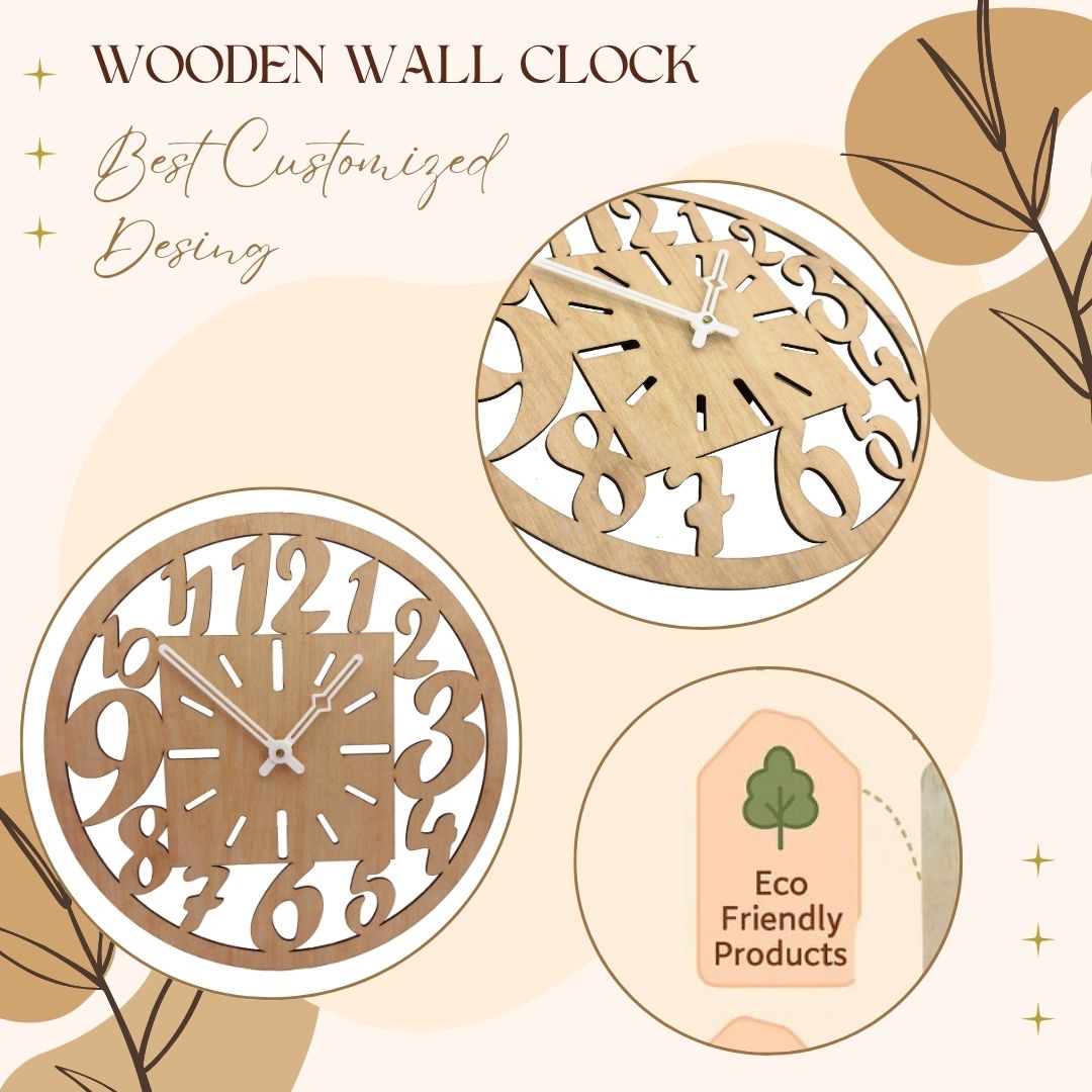 Wooden Designer Wall Clock with Oversized Cut-Out Numbers & Square Dial