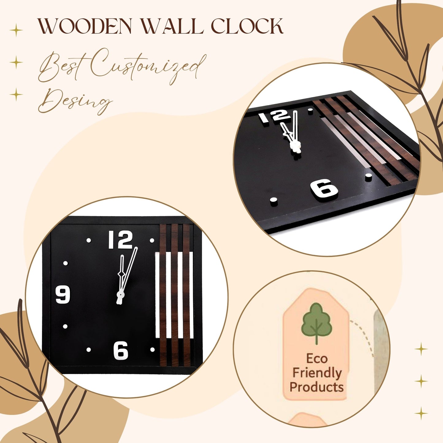 Elegant Black Square Wooden Wall Clock – Modern Minimalist Design
