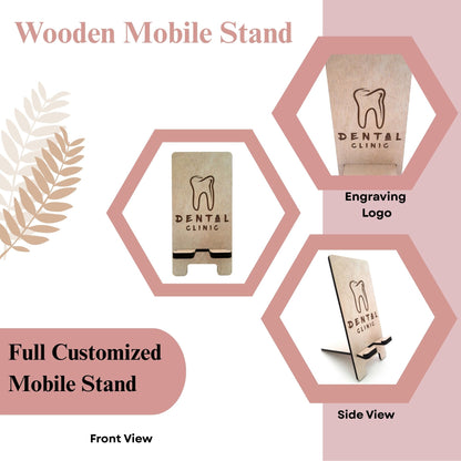 Wooden Mobile Stand with Dental Clinic Engraving – Tooth Design Holder