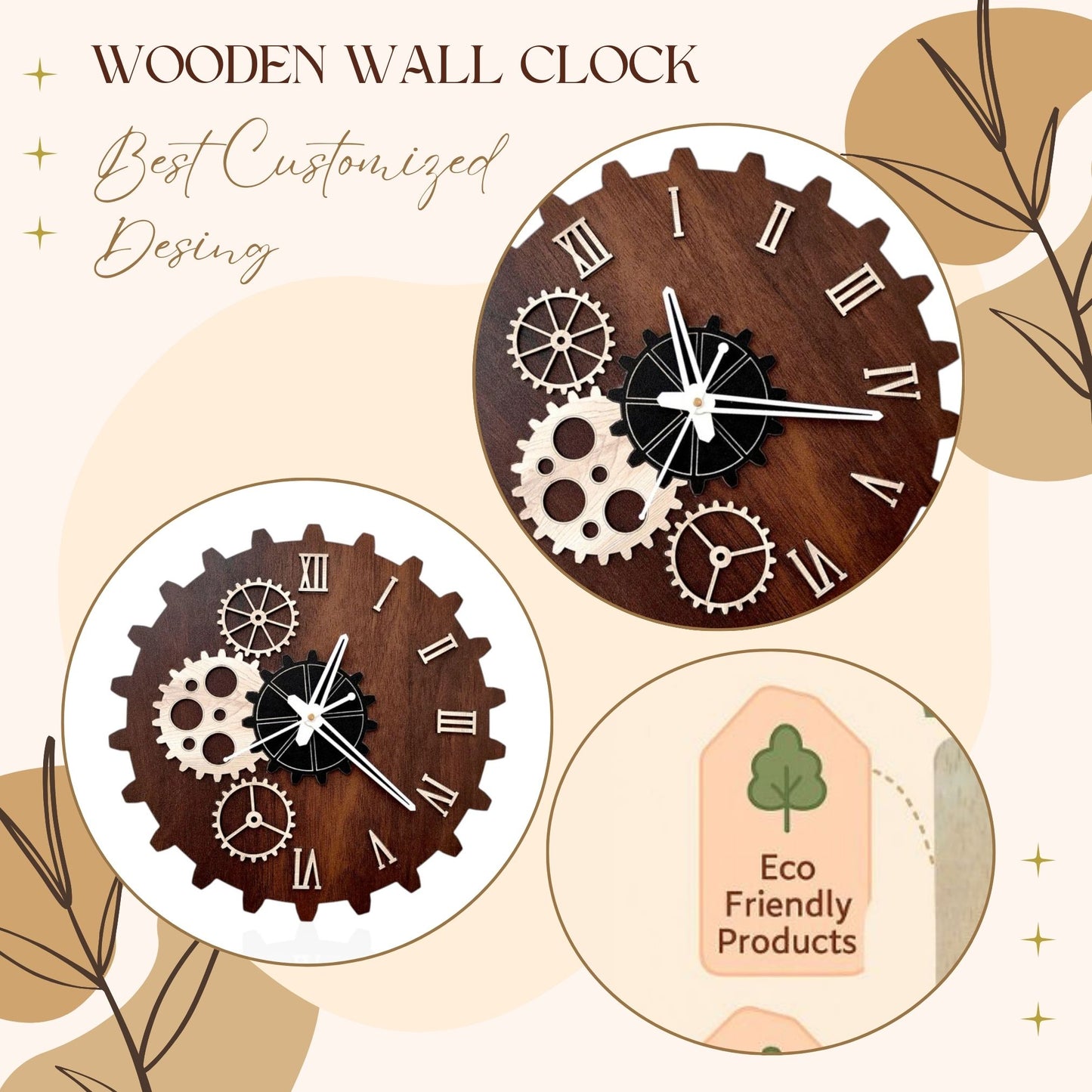 Wood Heart Gear-Themed Designer Wall Clock – Steampunk Style with Roman Numerals