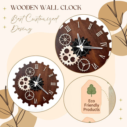 Wood Heart Gear-Themed Designer Wall Clock – Steampunk Style with Roman Numerals
