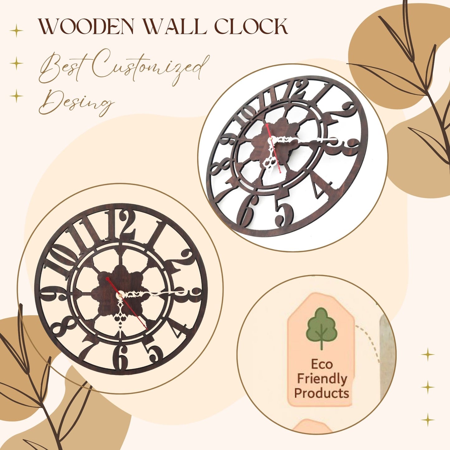 Vintage Floral Wooden Wall Clock – Laser Cut Roman Style by Wood Heart