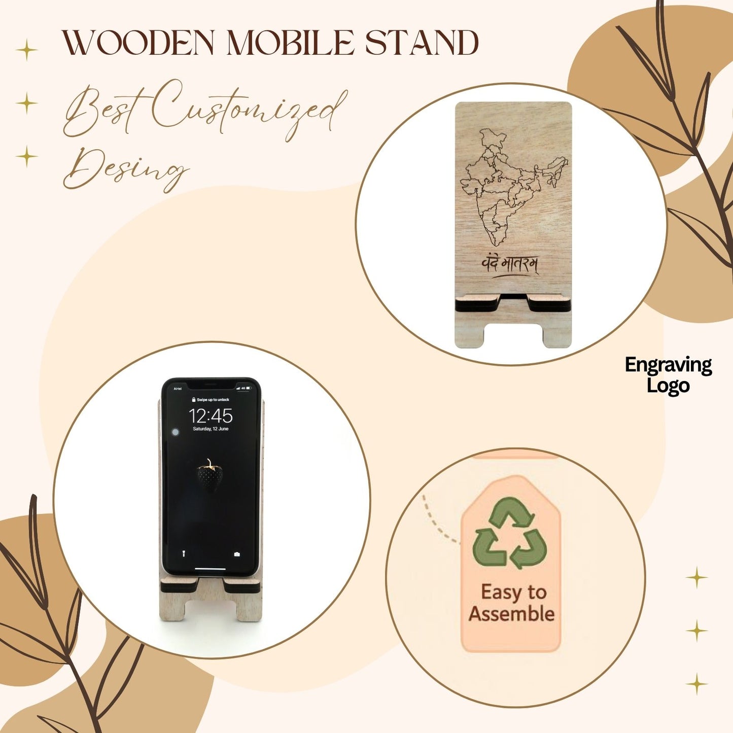 Wooden Mobile Stand with Indian Map  Design (Laser Engraved)