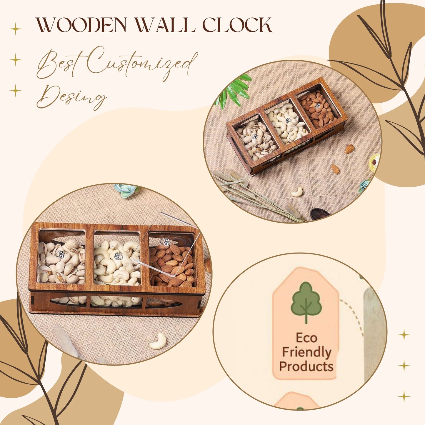 Wooden Dry Fruit Box with 3 Acrylic Compartments – Elegant MDF Storage Organizer