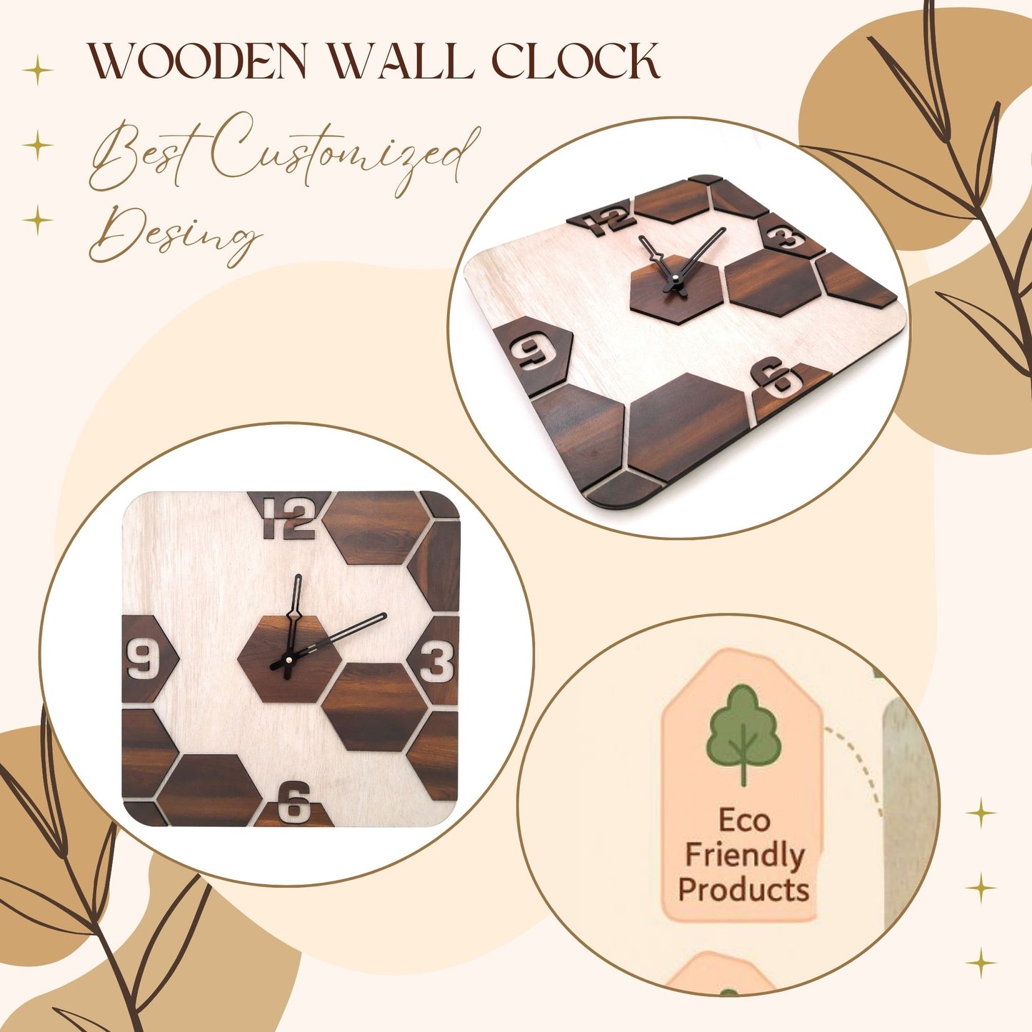 Square Dual-Tone Hexa Design Wooden Wall Clock – Light & Dark Wood Finish by Wood Heart