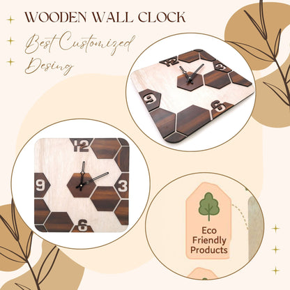 Square Dual-Tone Hexa Design Wooden Wall Clock – Light & Dark Wood Finish by Wood Heart