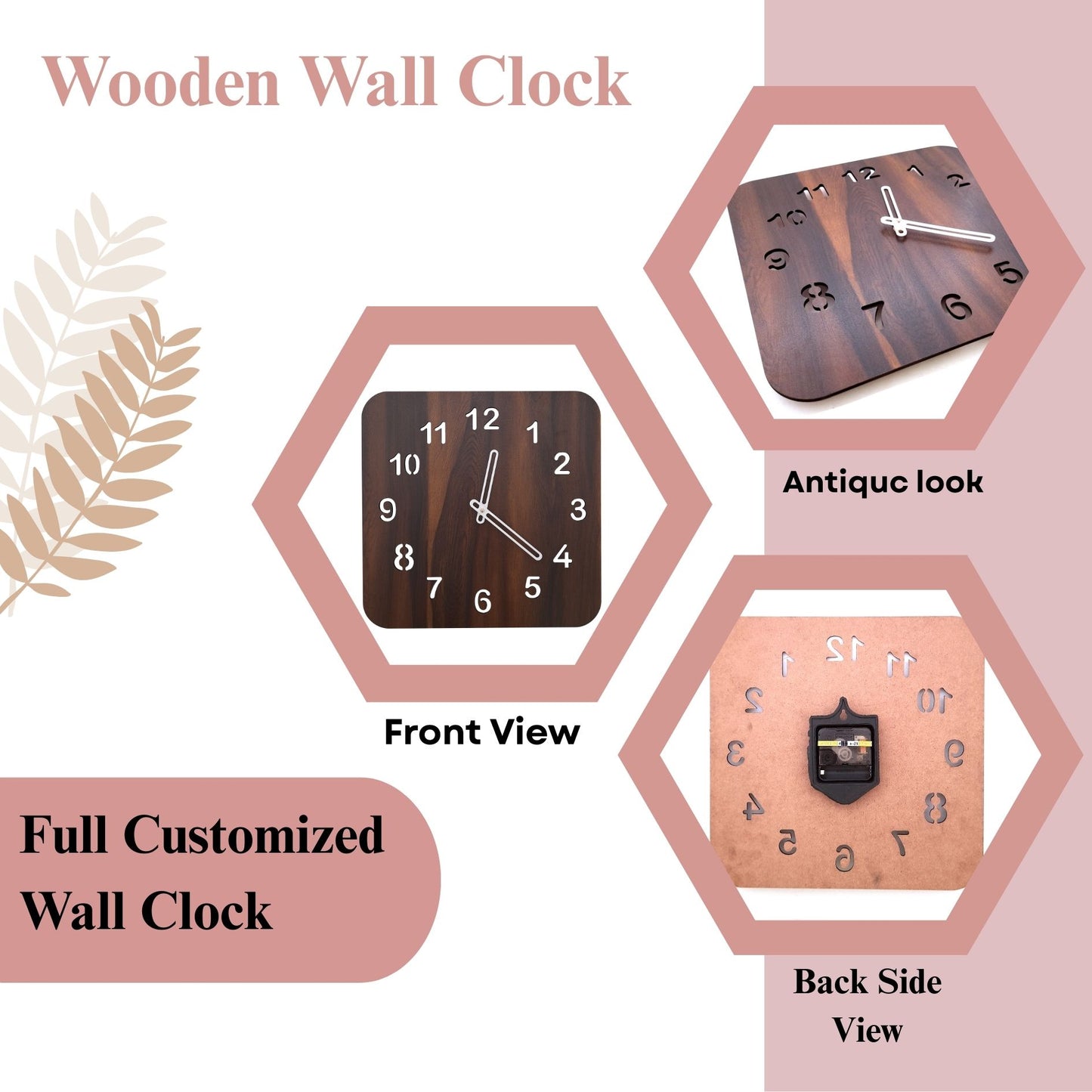 Wood Heart Premium Square Wooden Wall Clock – Elegant Dark Walnut Finish