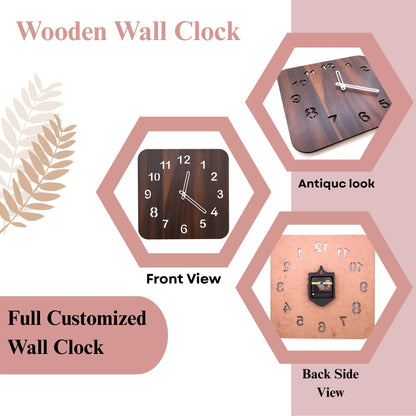 Wood Heart Premium Square Wooden Wall Clock – Elegant Dark Walnut Finish