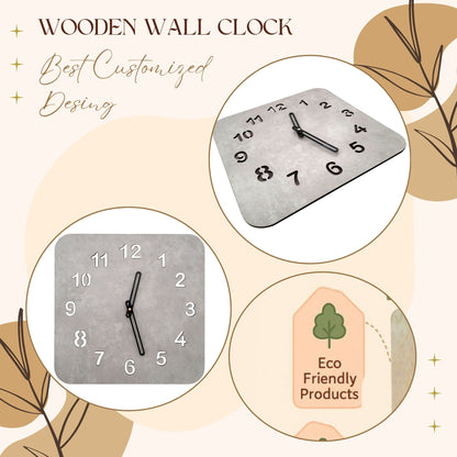 Wood Heart Modern Grey Concrete-Finish Square Wall Clock – Minimalist Décor Accent