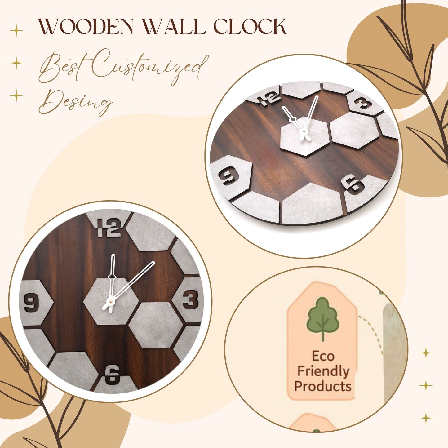 Hexagon Pattern Wooden Wall Clock – Modern Concrete Look by Wood Heart