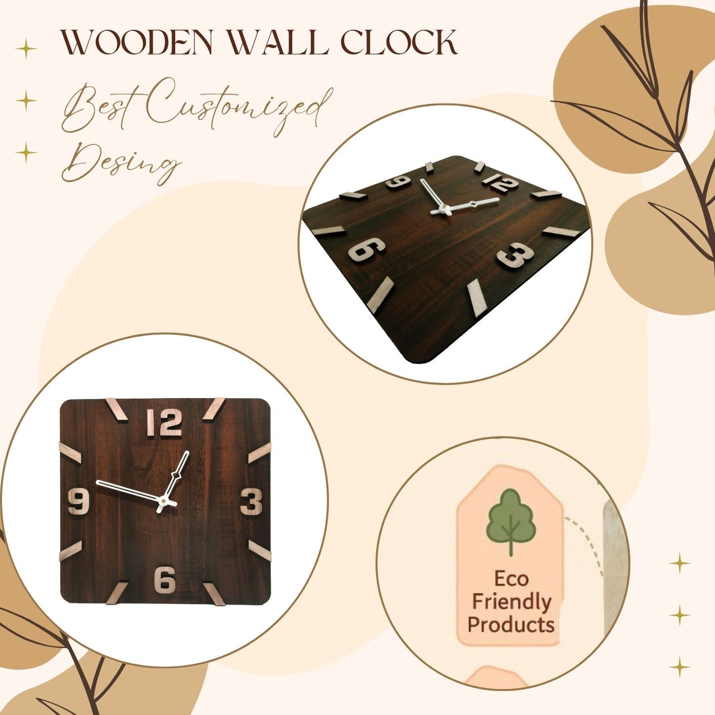 Square Wooden Wall Clock with Bold 3D Numbers – Dark Brown Finish by Wood Heart