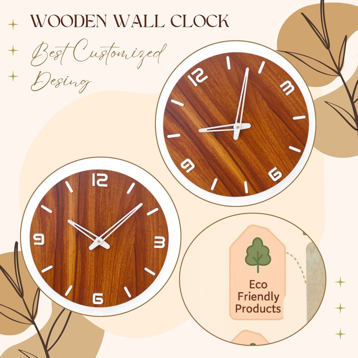 Wood Heart Elegant Wooden Finish Round Wall Clock – Minimalist Modern Design