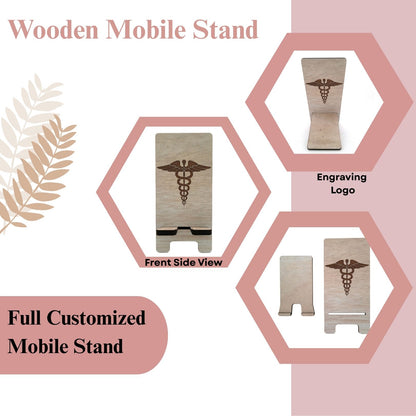 Wooden Mobile Stand with Medical Symbol Engraving | Doctor's Desk Phone Holder