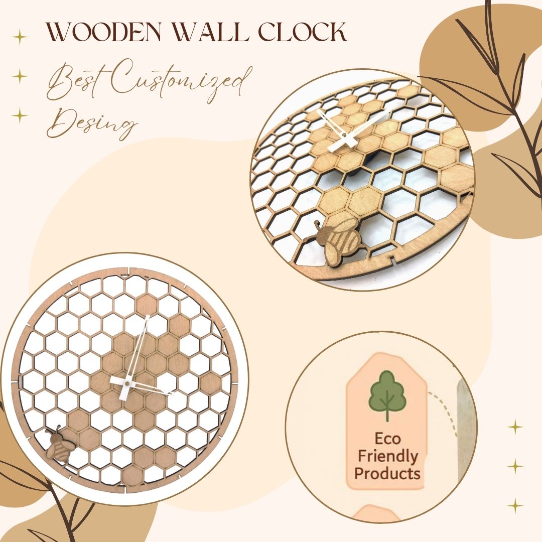 Wooden Honey comb Wall Clock with Bee Design – Nature Inspired Art by Wood Heart