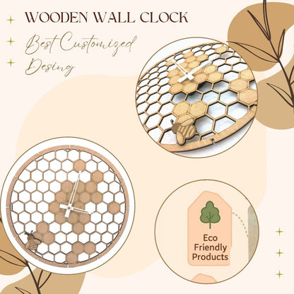 Wooden Honey comb Wall Clock with Bee Design – Nature Inspired Art by Wood Heart